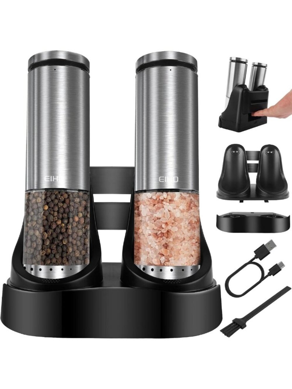 USB Rechargeable Electric Salt & Pepper Grinder Set, Adjustable Coarseness, LED